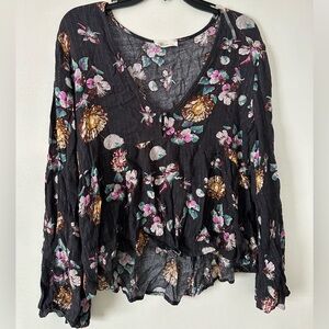 Millibon Black Floral V-Neck Top with Pink, Teal & Gold Accents